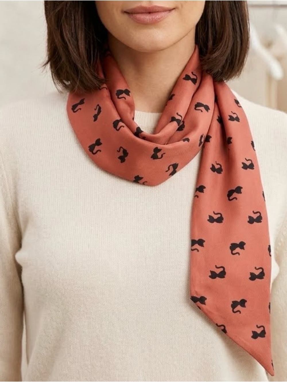 Silk-Feel Rust Scarf with Velvet Black Cat Print